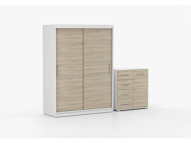 Ensemble armoire Aliona et commode Ilario - Blanc - Chêne