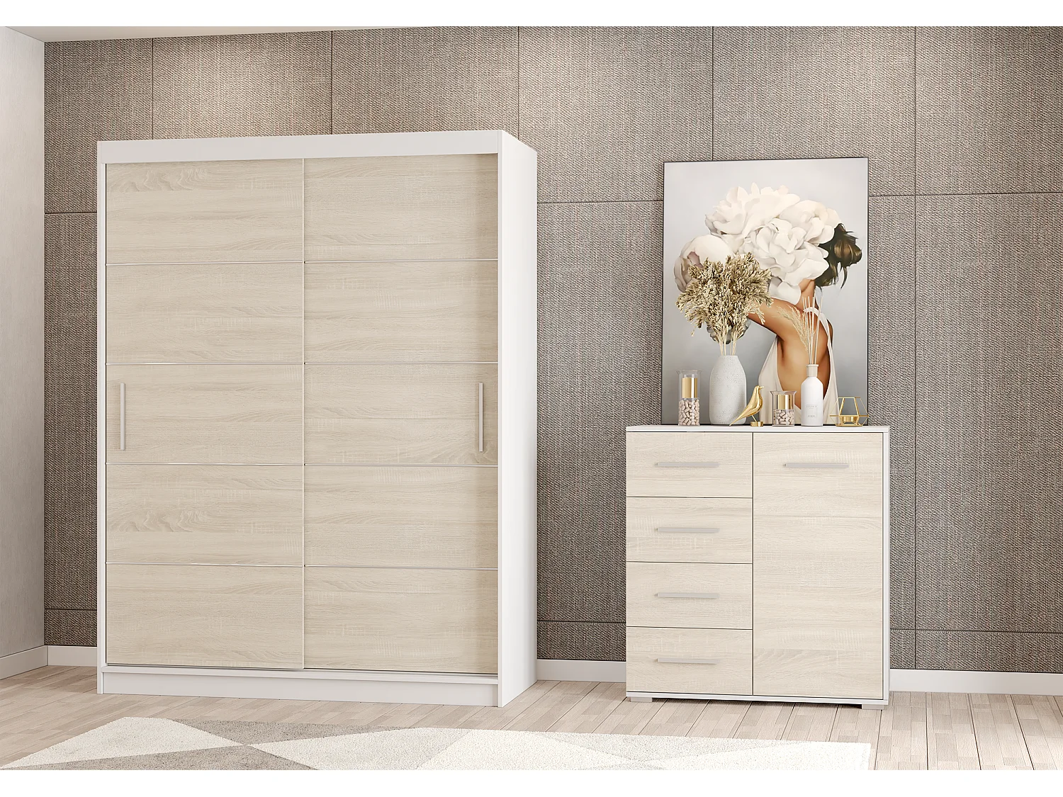 Ensemble armoire Aliona et commode Ilario - Blanc - Chêne