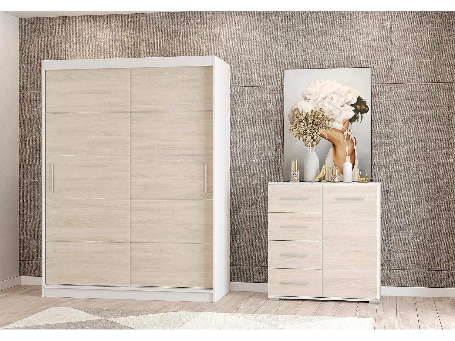 Ensemble armoire Aliona et commode Ilario - Blanc - Chêne