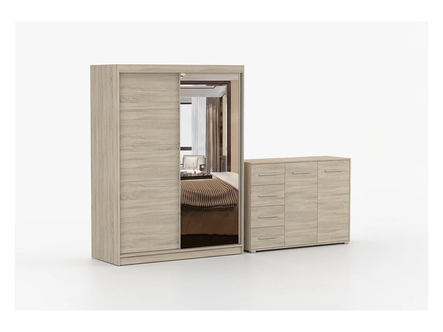 Ensemble armoire Vaiana et commode Ilario avec miroir - Chêne