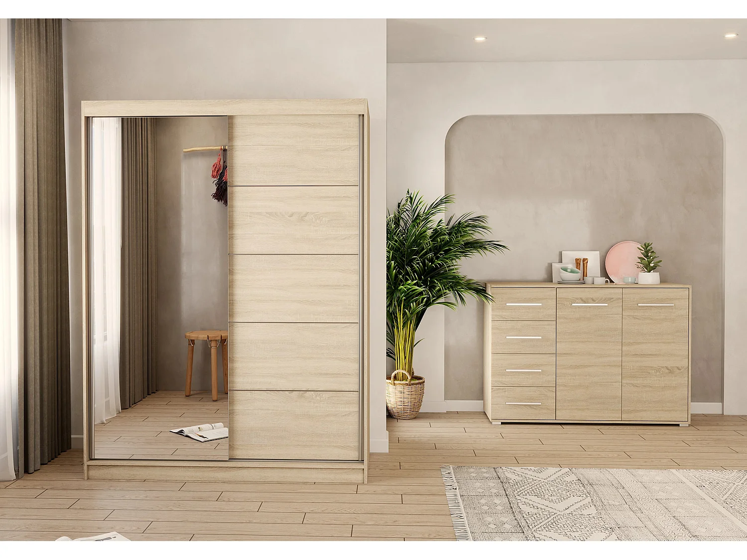 Ensemble armoire Vaiana et commode Ilario avec miroir - Chêne