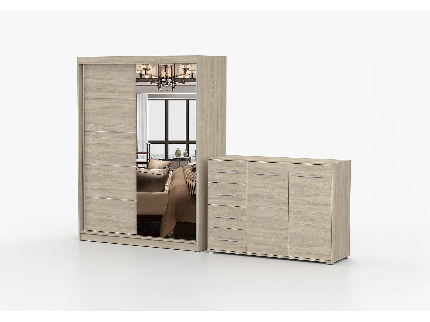 Ensemble armoire Vaiana et commode Ilario-150 avec miroir - Chêne