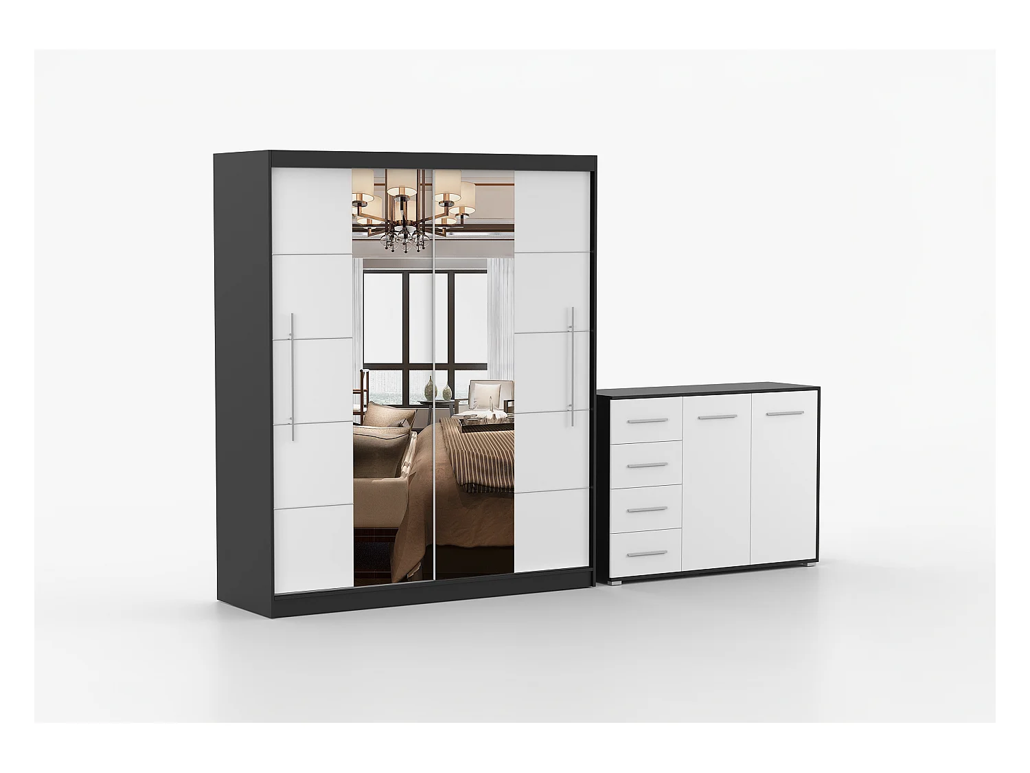 Ensemble armoire Orelia et commode Ilario avec miroir - Noir - Blanc