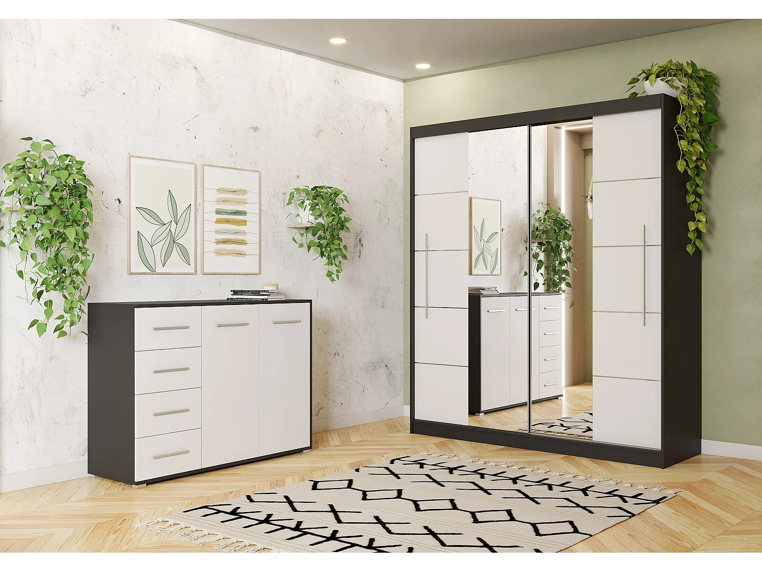 Ensemble armoire Orelia et commode Ilario avec miroir - Noir - Blanc