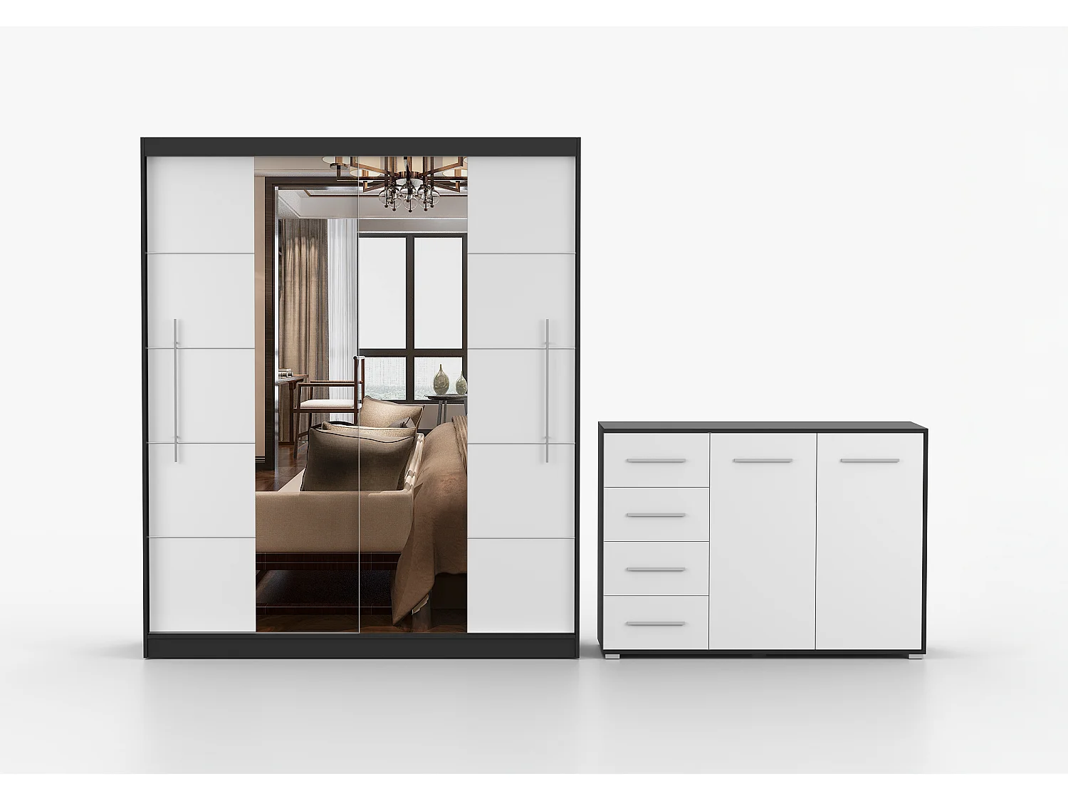 Ensemble armoire Orelia et commode Ilario avec miroir - Noir - Blanc