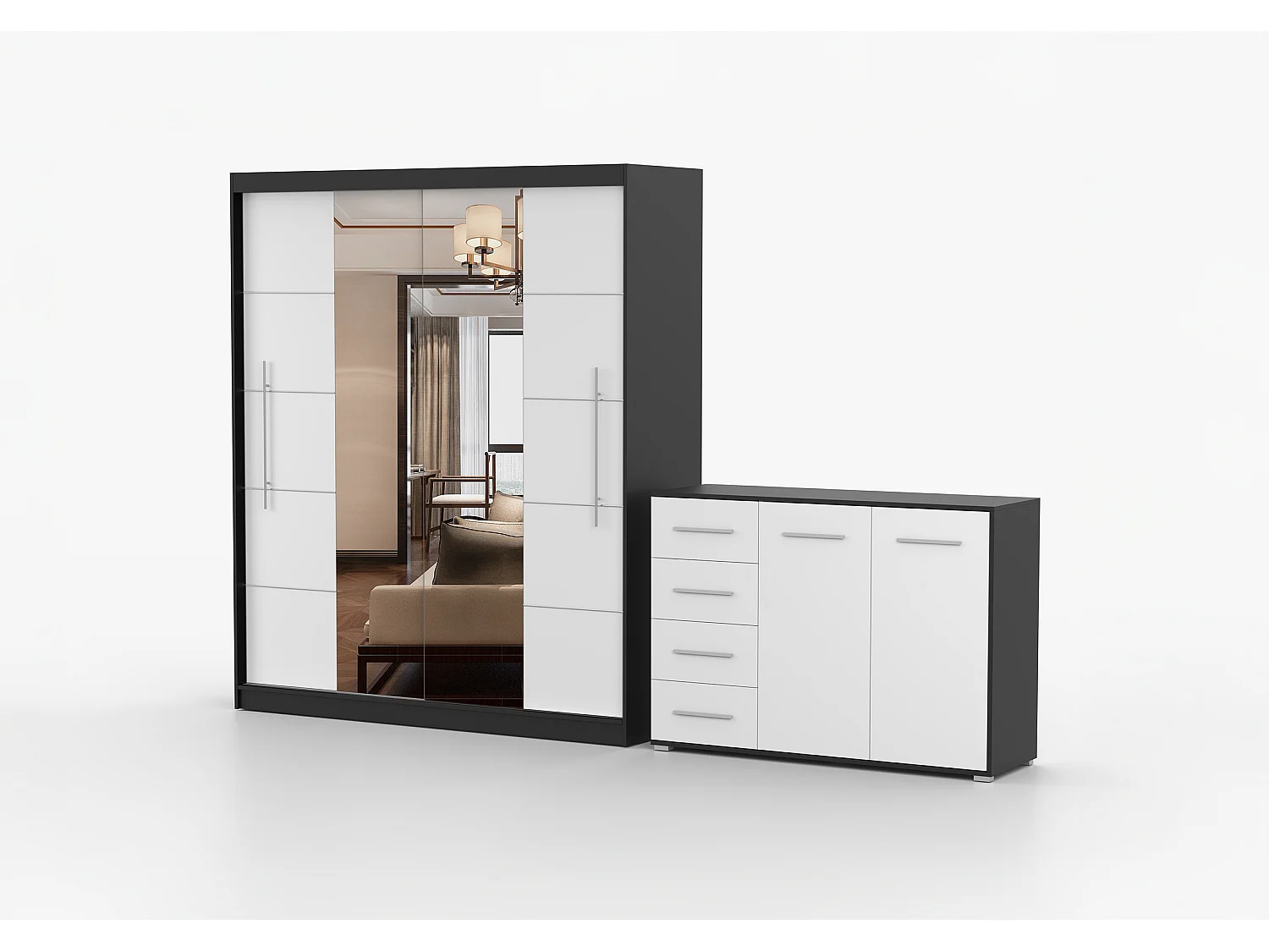 Ensemble armoire Orelia et commode Ilario avec miroir - Noir - Blanc