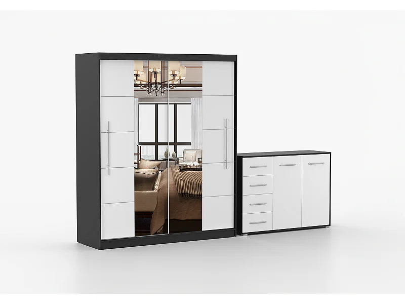 Ensemble armoire Orelia et commode Ilario avec miroir - Noir - Blanc