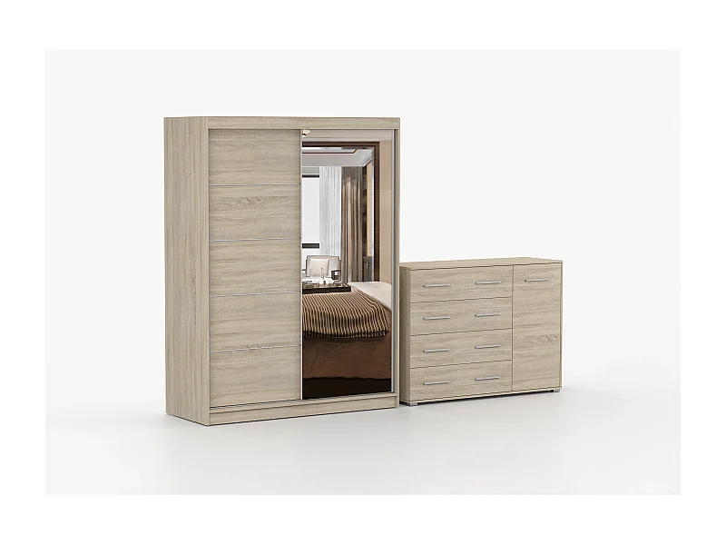 Ensemble armoire Vaiana et commode Ilario Chêne - Blanc avec miroir - Chêne