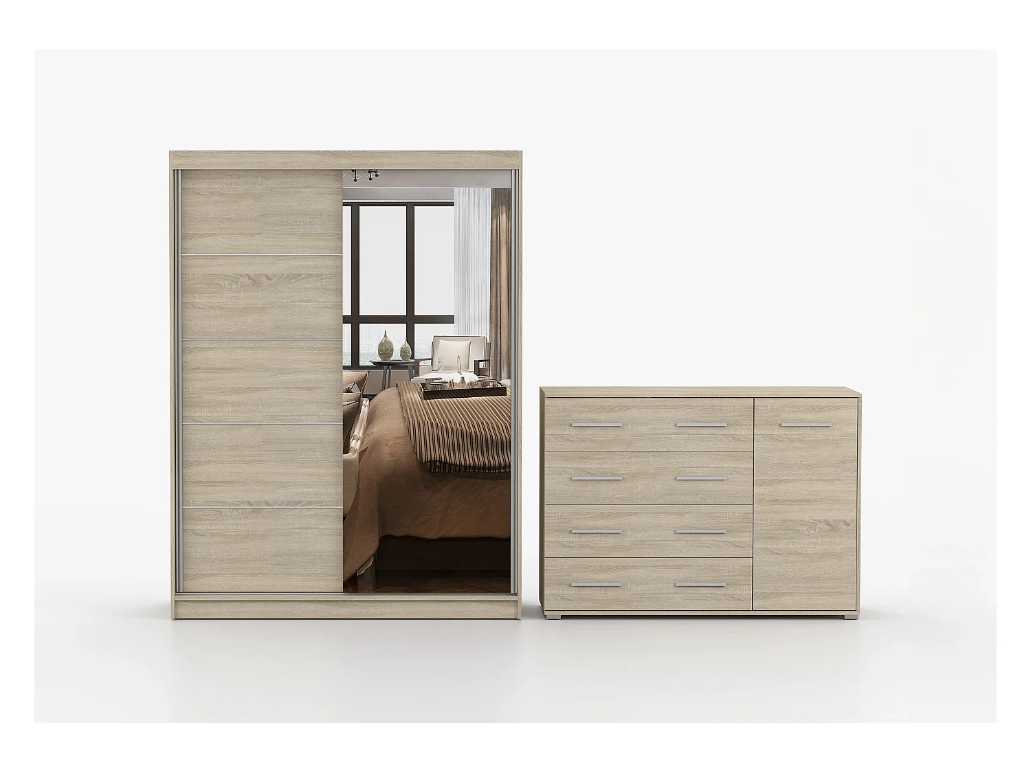 Ensemble armoire Vaiana et commode Ilario Chêne - Blanc avec miroir - Chêne