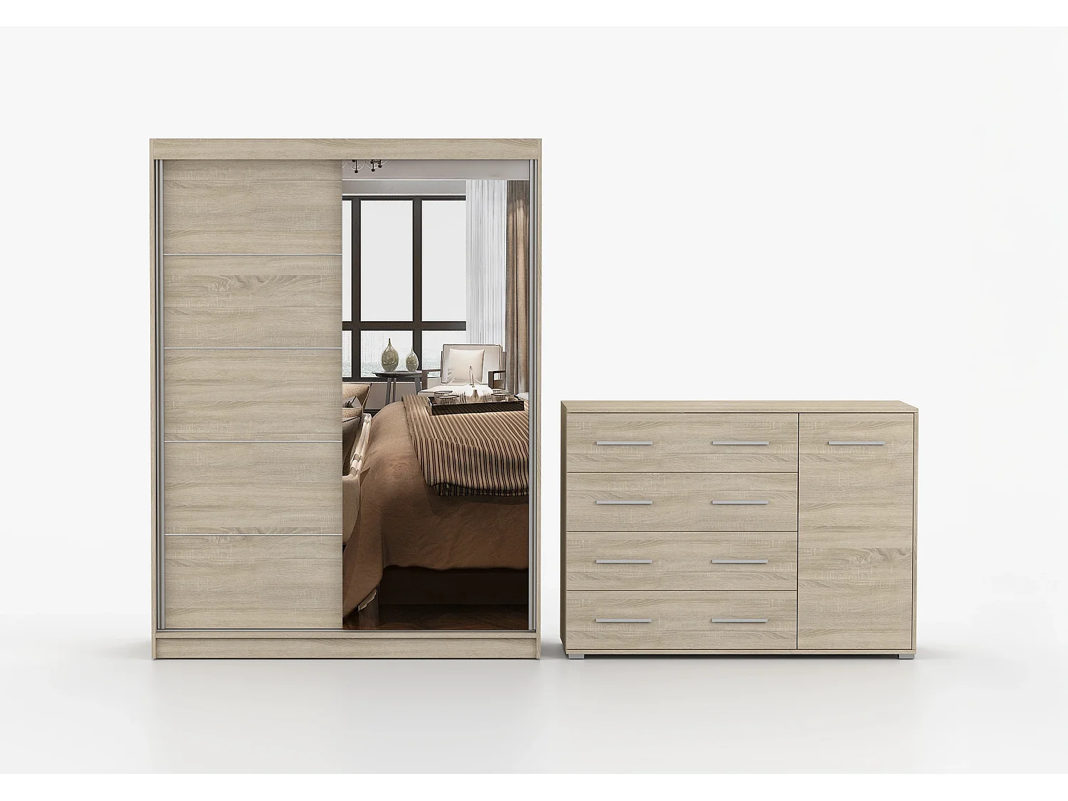 Ensemble armoire Vaiana et commode Ilario Chêne - Blanc avec miroir - Chêne