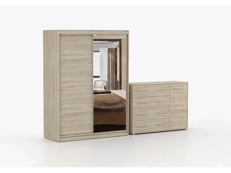 Ensemble armoire Vaiana et commode Ilario Chêne - Blanc avec miroir - Chêne