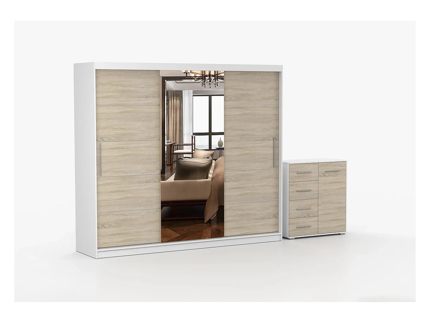 Ensemble armoire Theana et commode Ilario avec miroir - Blanc - Chêne