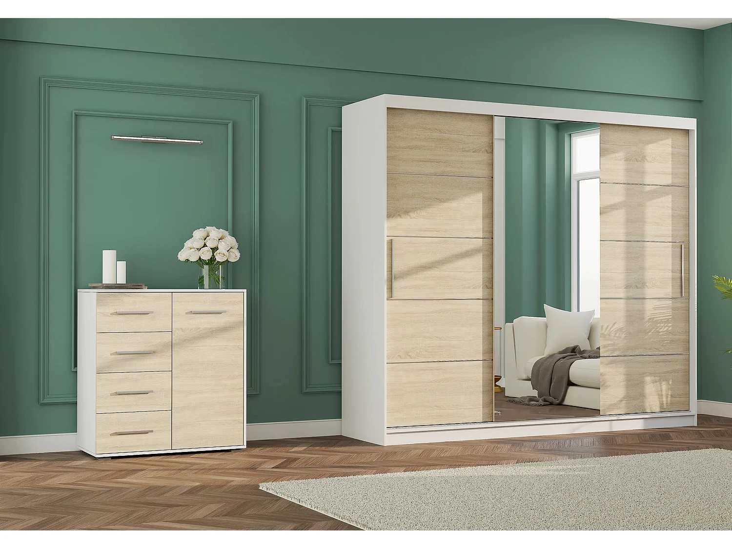 Ensemble armoire Theana et commode Ilario avec miroir - Blanc - Chêne