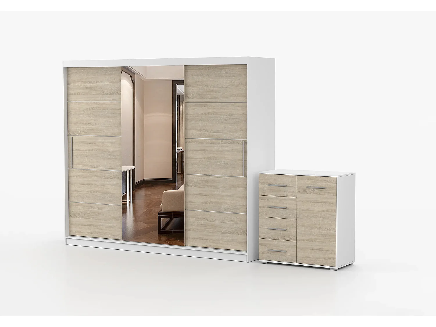 Ensemble armoire Theana et commode Ilario avec miroir - Blanc - Chêne