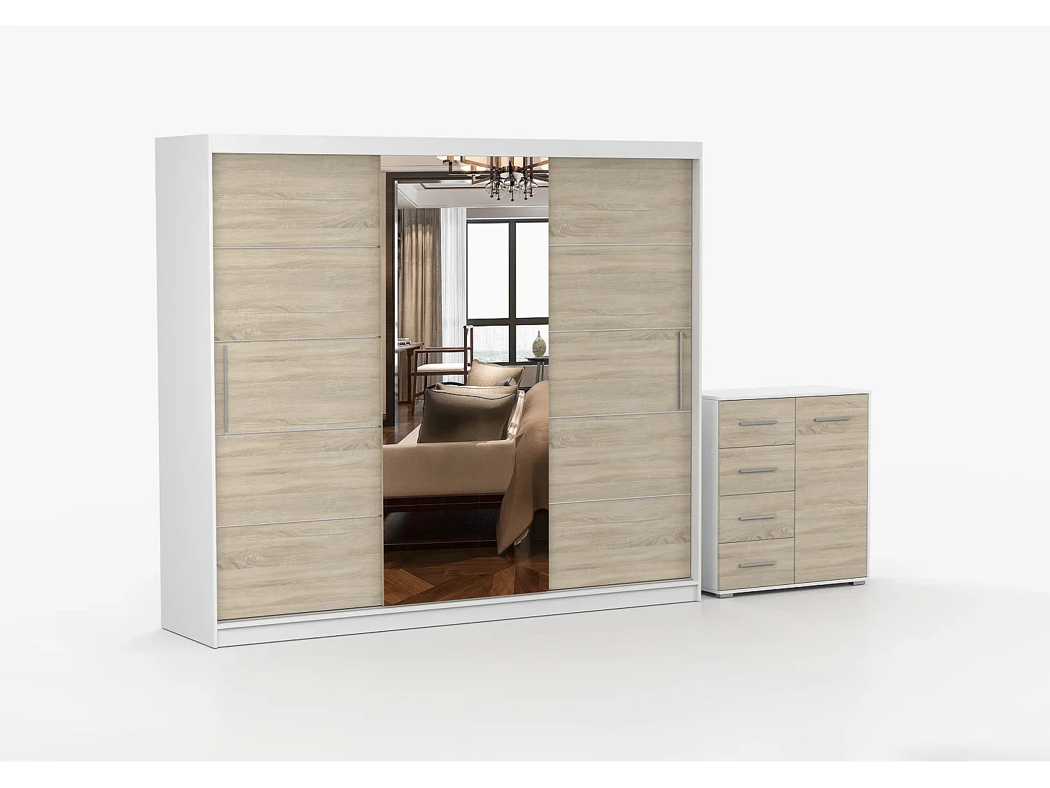 Ensemble armoire Theana et commode Ilario avec miroir - Blanc - Chêne