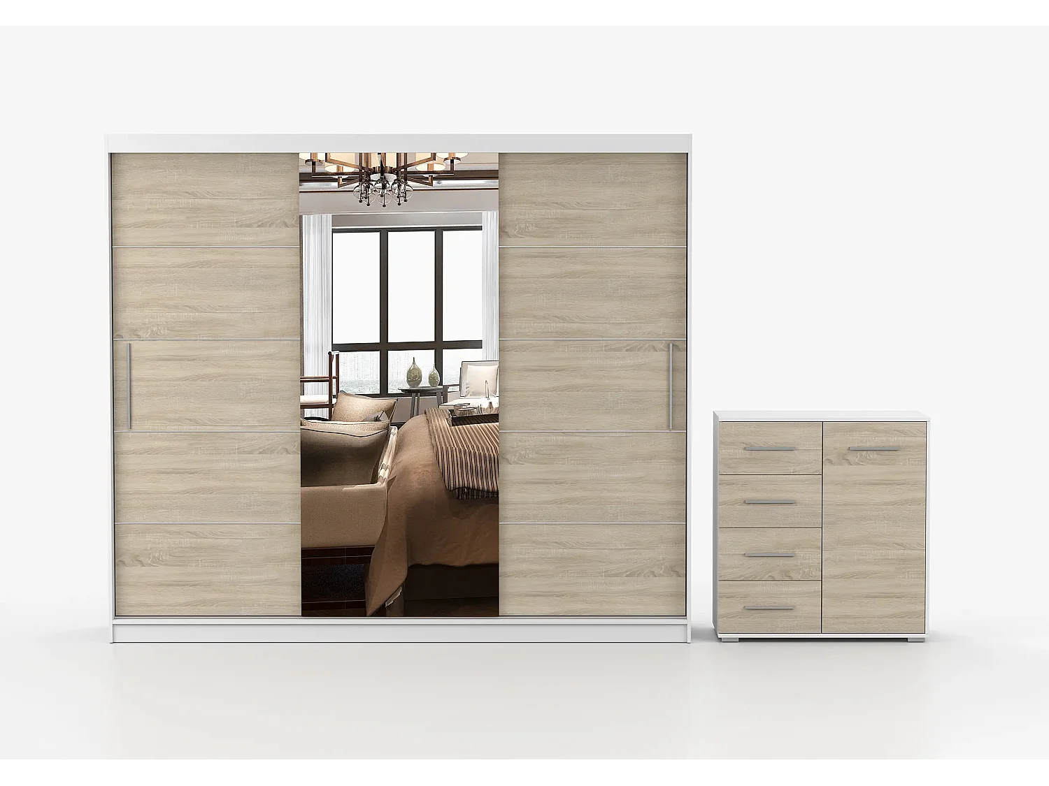 Ensemble armoire Theana et commode Ilario avec miroir - Blanc - Chêne