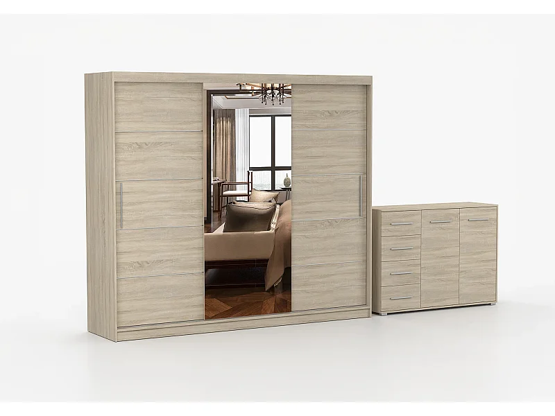 Ensemble armoire Theana et commode Ilario avec miroir - Chêne