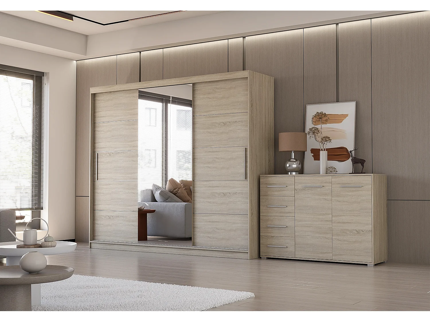 Ensemble armoire Theana et commode Ilario avec miroir - Chêne