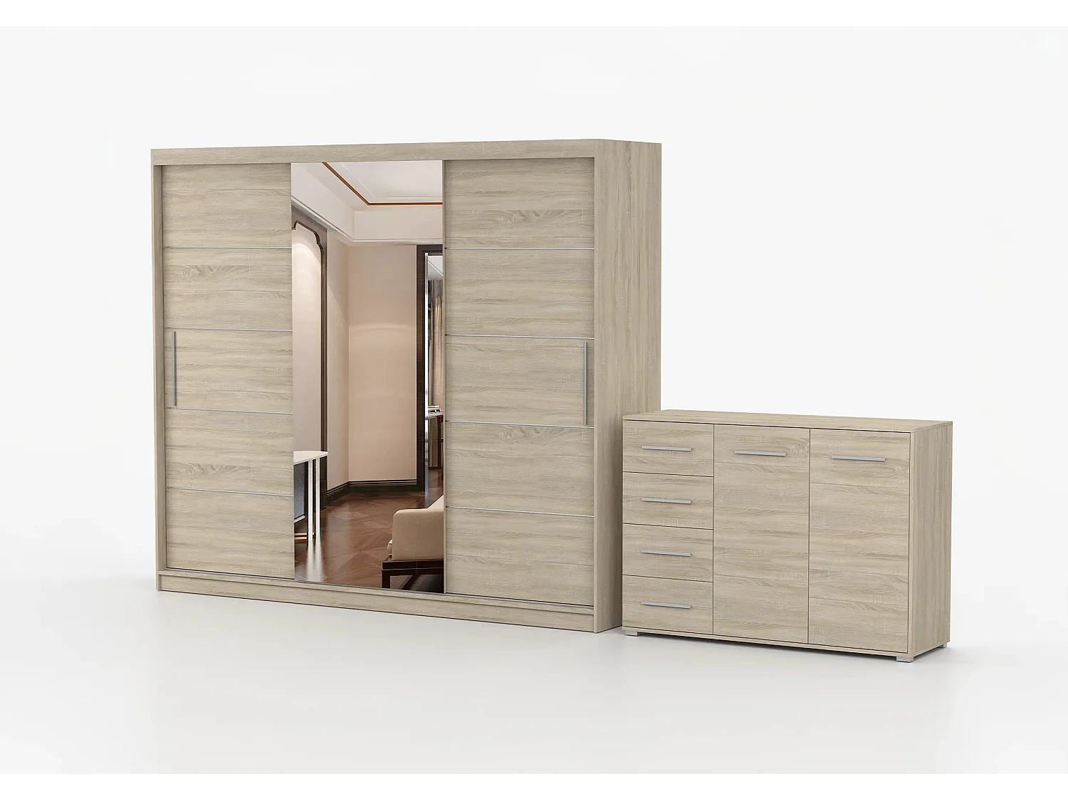 Ensemble armoire Theana et commode Ilario avec miroir - Chêne