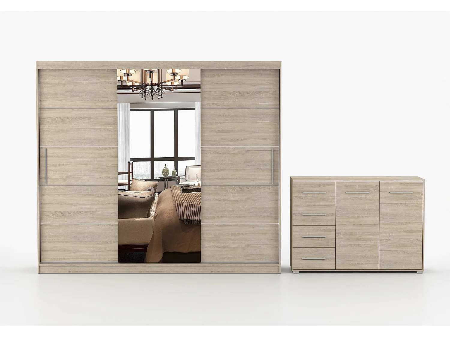 Ensemble armoire Theana et commode Ilario avec miroir - Chêne