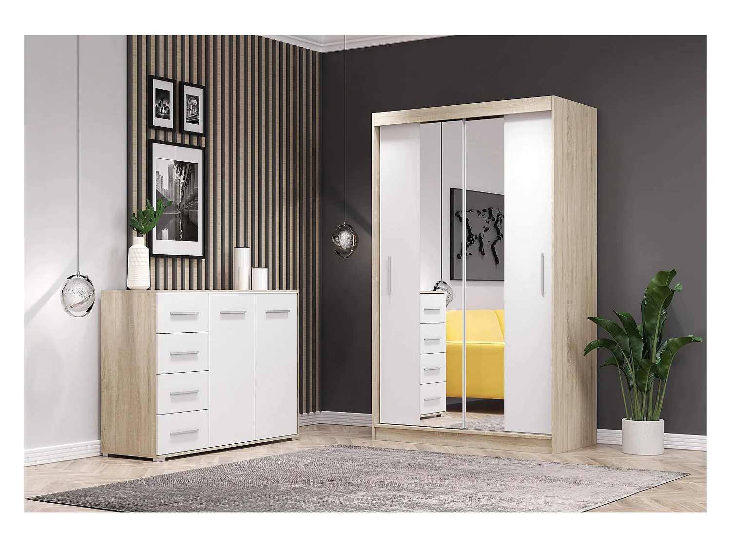 Ensemble armoire Danae et commode Ilario avec miroir - Chêne - Blanc