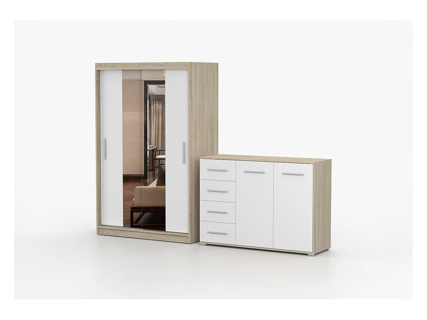 Ensemble armoire Danae et commode Ilario avec miroir - Chêne - Blanc