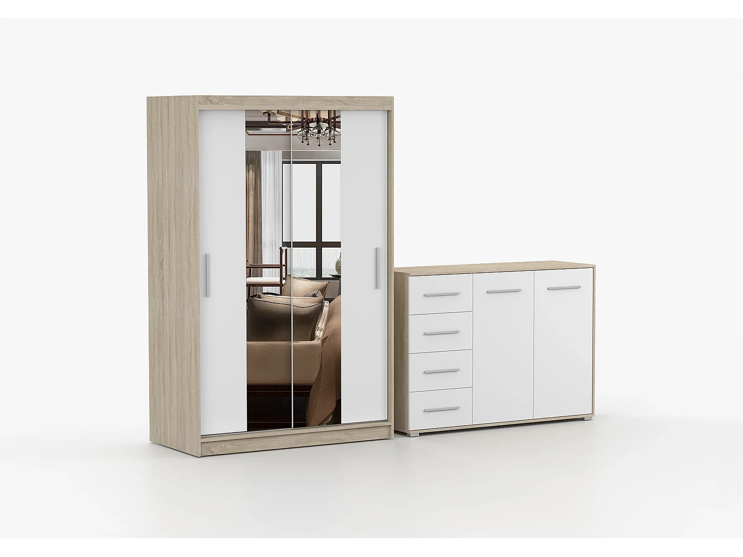 Ensemble armoire Danae et commode Ilario avec miroir - Chêne - Blanc