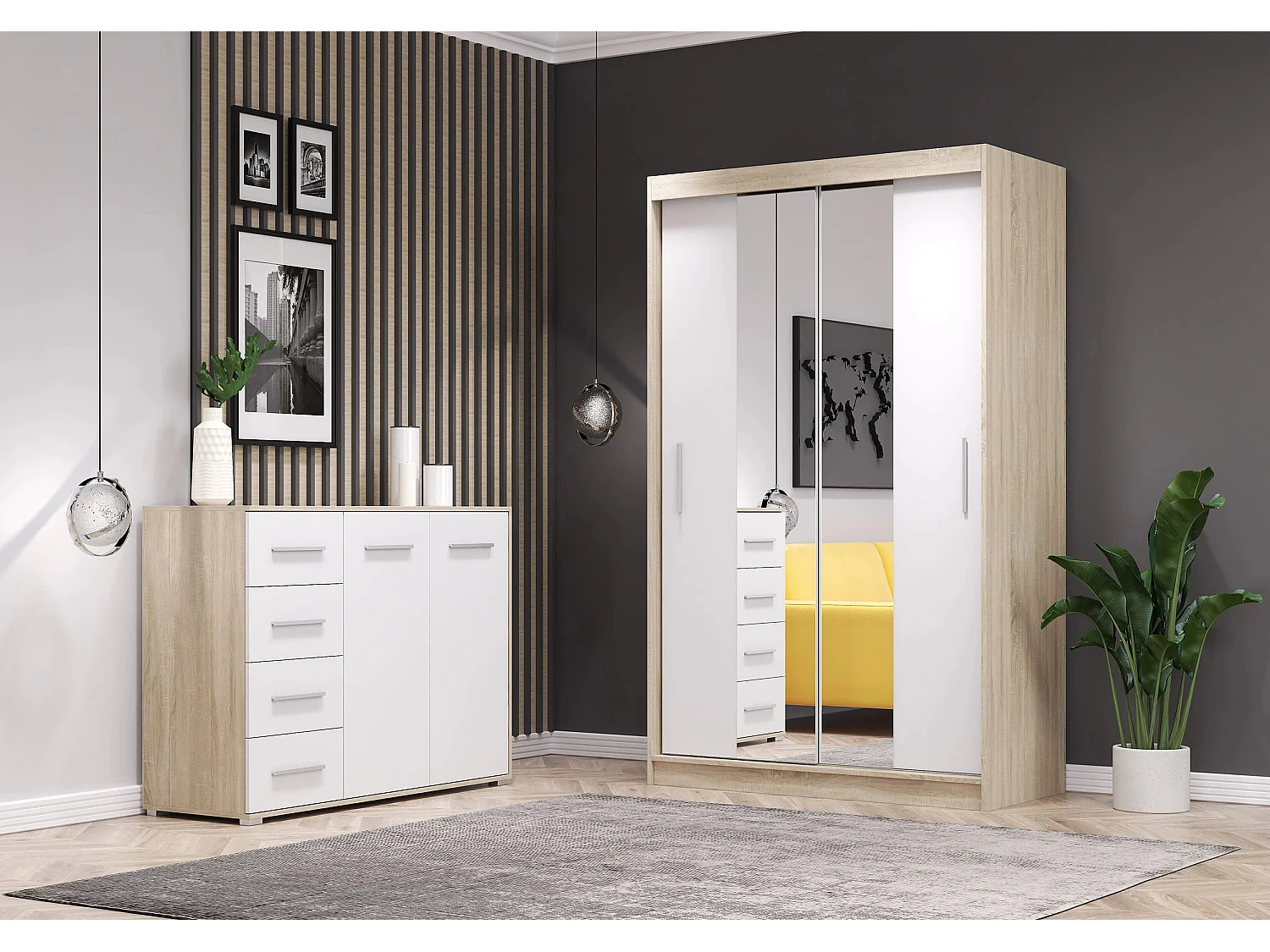 Ensemble armoire Danae et commode Ilario avec miroir - Chêne - Blanc