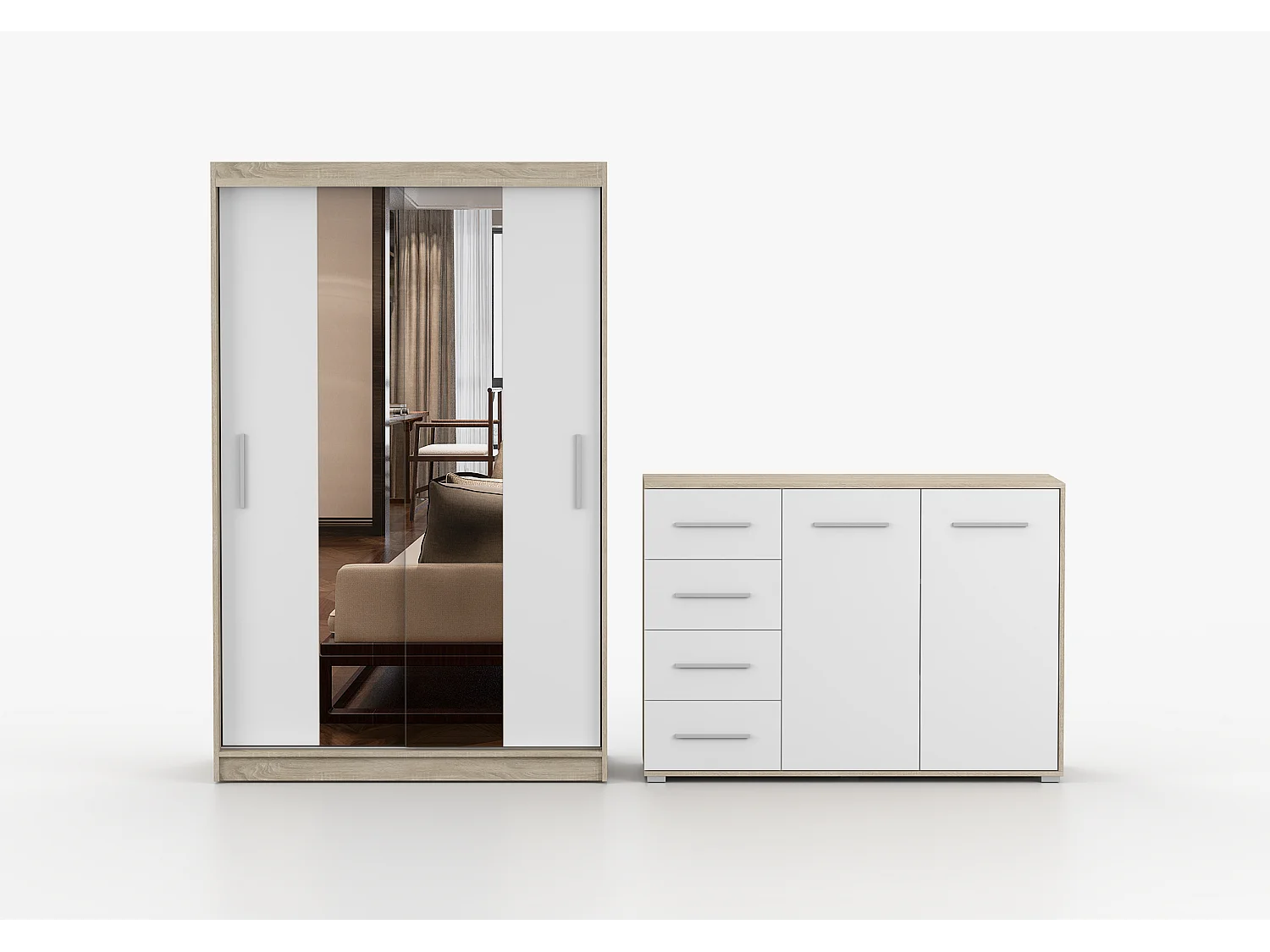 Ensemble armoire Danae et commode Ilario avec miroir - Chêne - Blanc