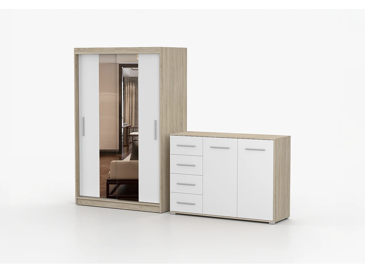 Ensemble armoire Danae et commode Ilario avec miroir - Chêne - Blanc