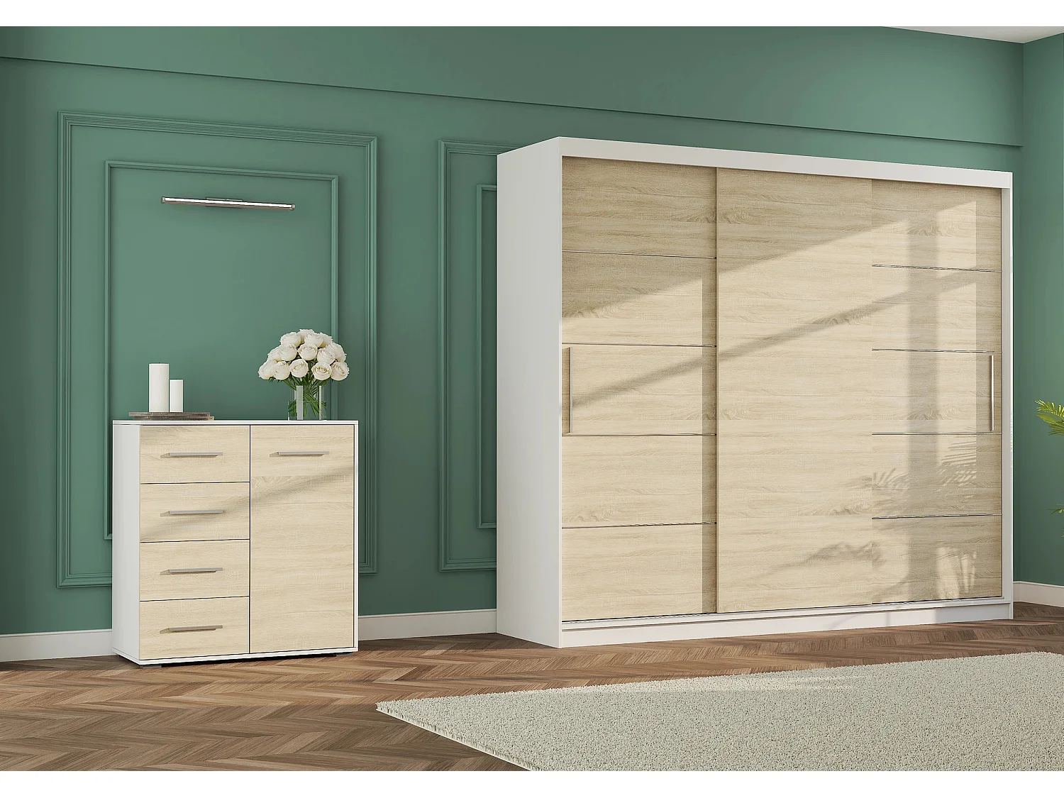 Ensemble armoire Thalia avec commode Ilario - Blanc - Chêne