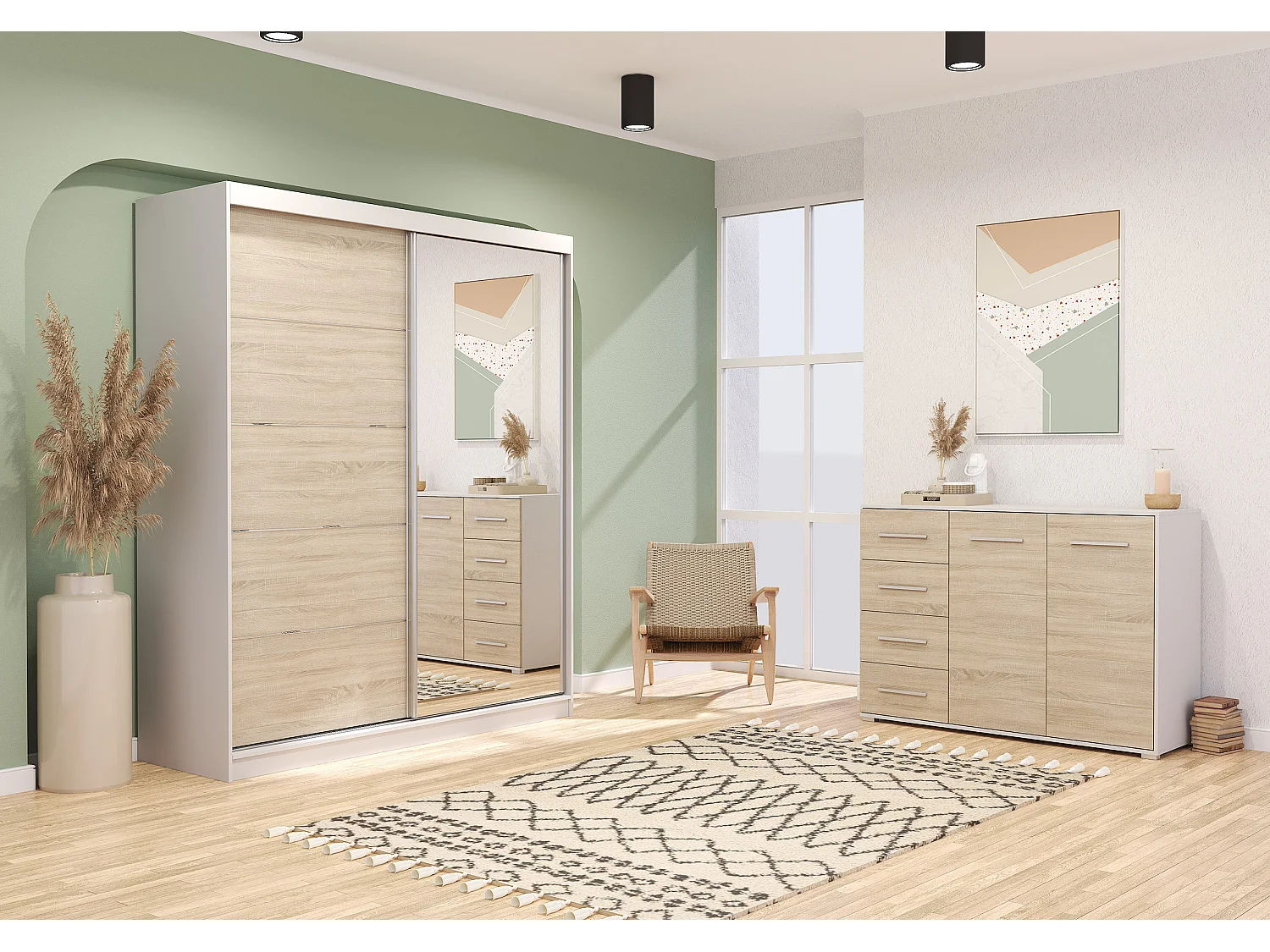 Ensemble armoire Ysalis et commode Ilario avec miroir - Blanc - Chêne