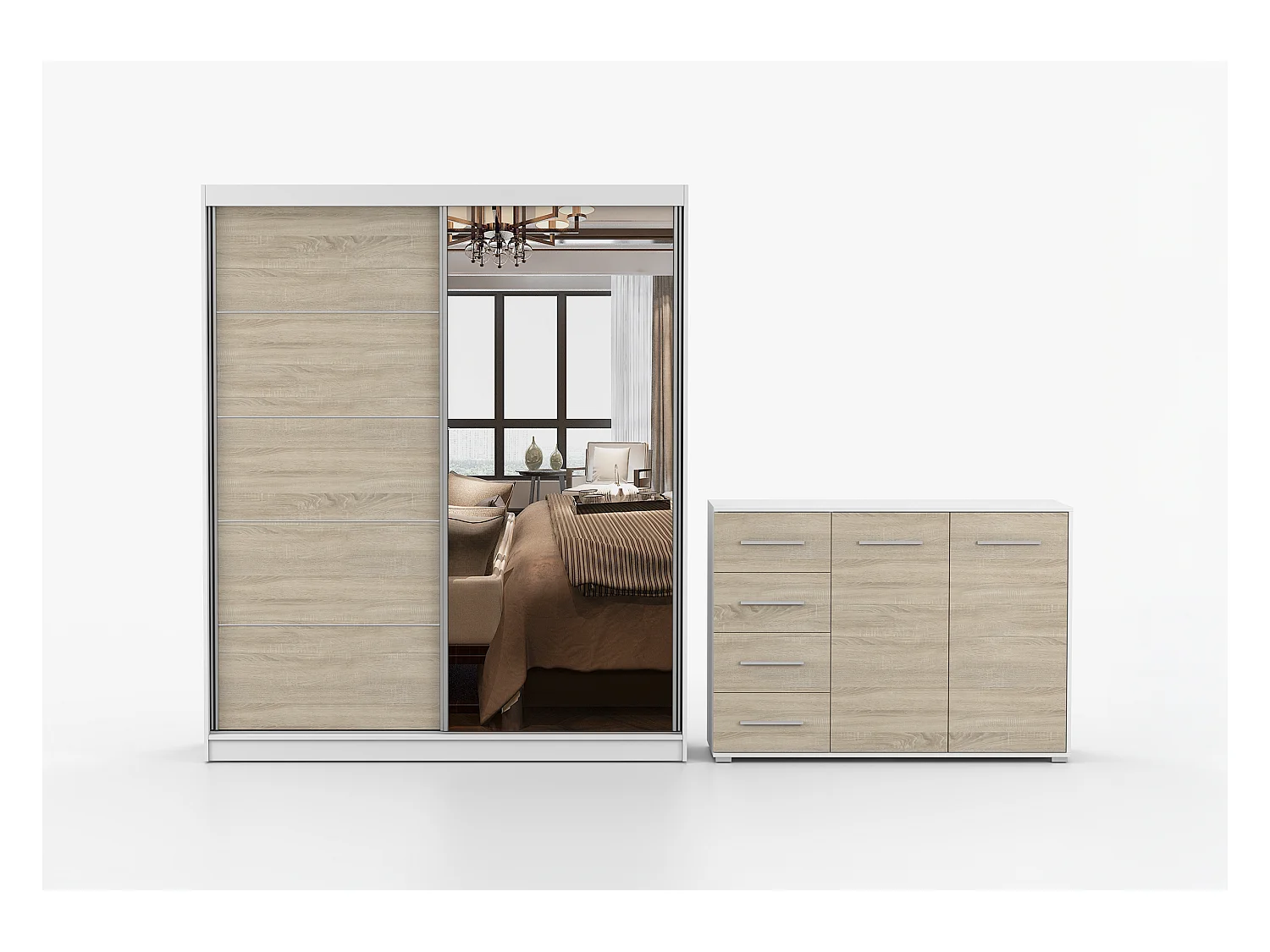 Ensemble armoire Ysalis et commode Ilario avec miroir - Blanc - Chêne