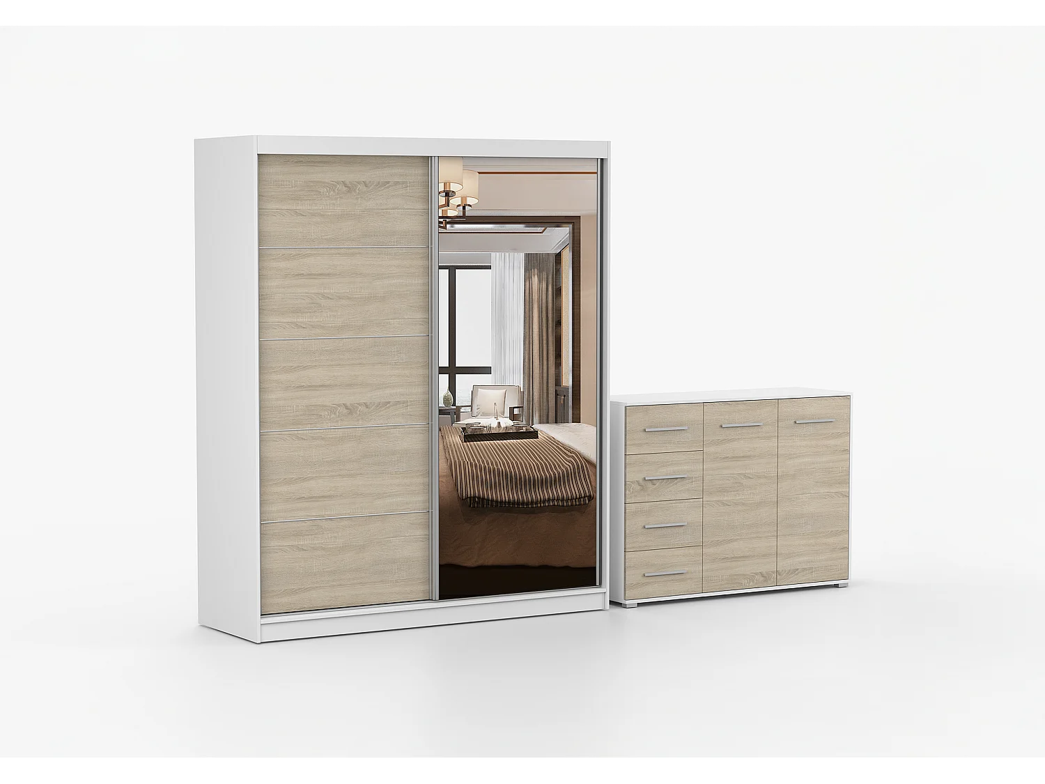 Ensemble armoire Ysalis et commode Ilario avec miroir - Blanc - Chêne