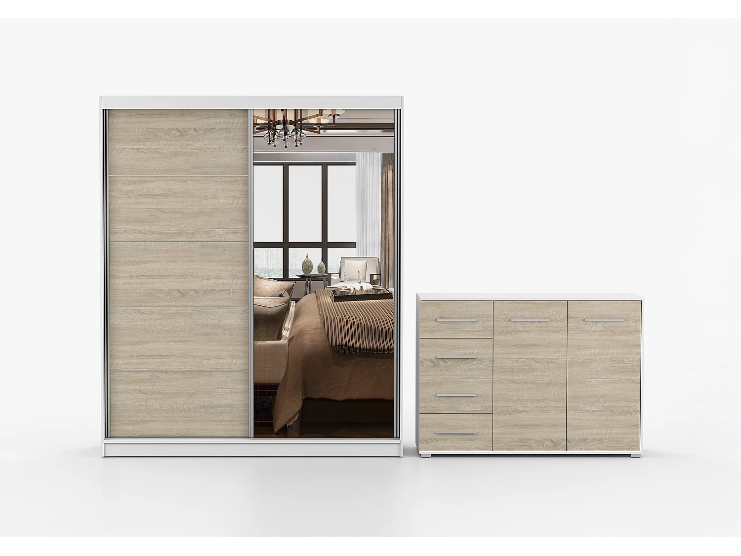 Ensemble armoire Ysalis et commode Ilario avec miroir - Blanc - Chêne