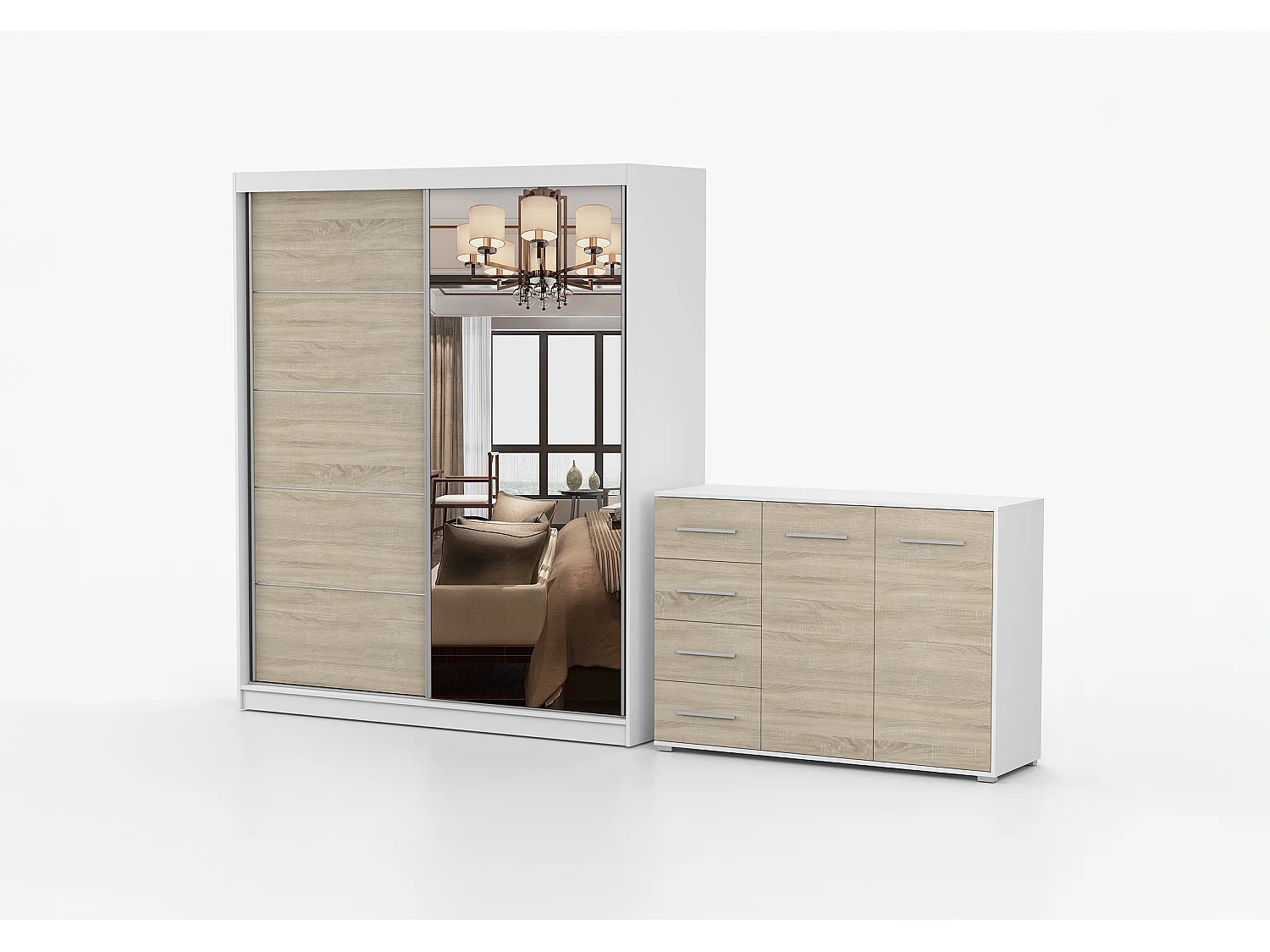 Ensemble armoire Ysalis et commode Ilario avec miroir - Blanc - Chêne