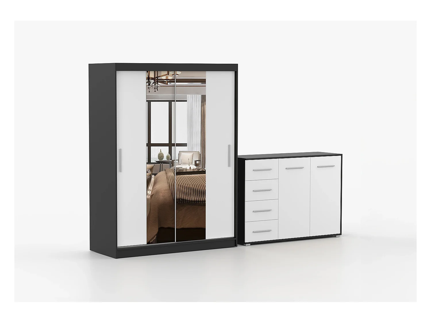 Ensemble armoire Aenora et commode Ilario - Noir - blanc