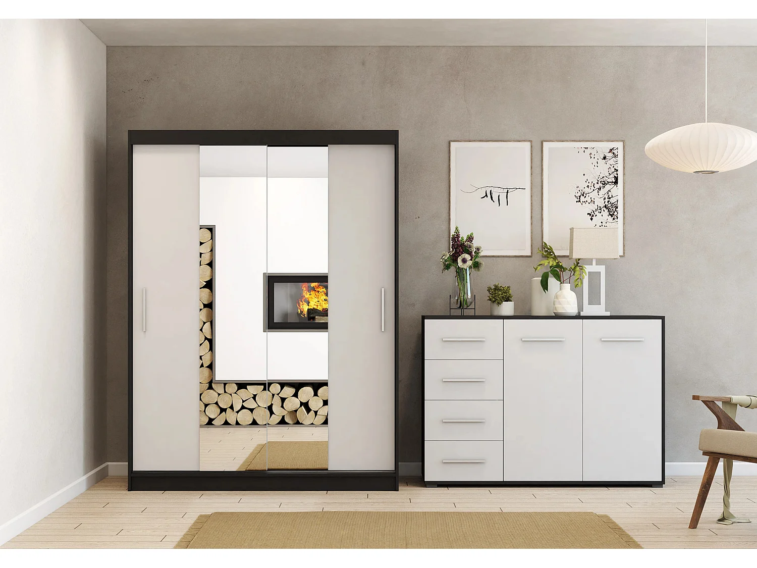 Ensemble armoire Aenora et commode Ilario - Noir - blanc