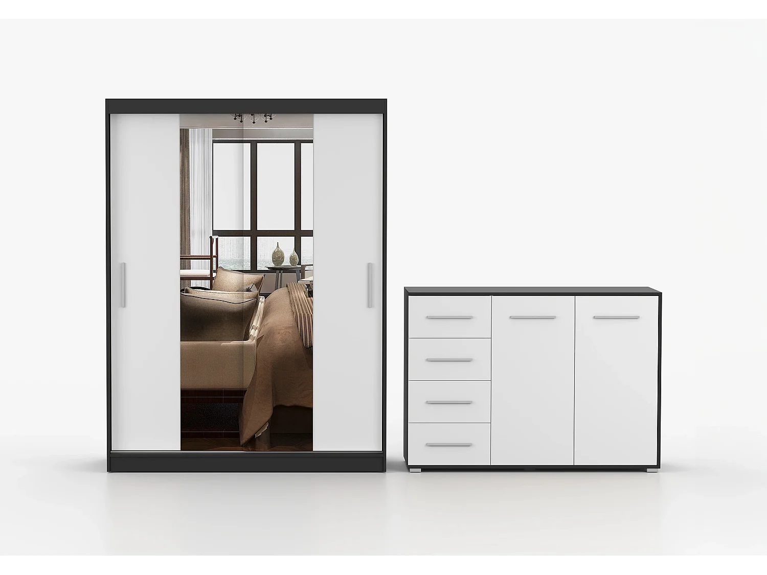 Ensemble armoire Aenora et commode Ilario - Noir - blanc