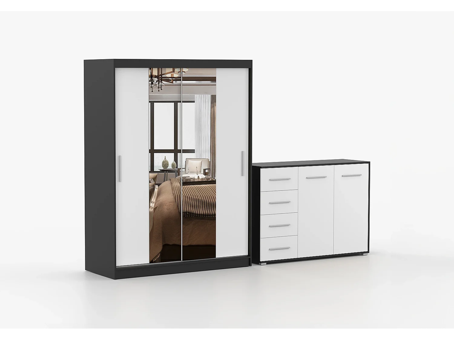 Ensemble armoire Aenora et commode Ilario - Noir - blanc