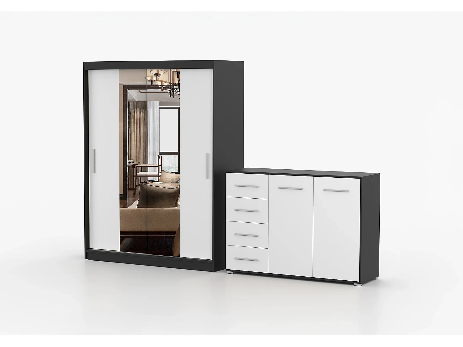 Ensemble armoire Aenora et commode Ilario - Noir - blanc