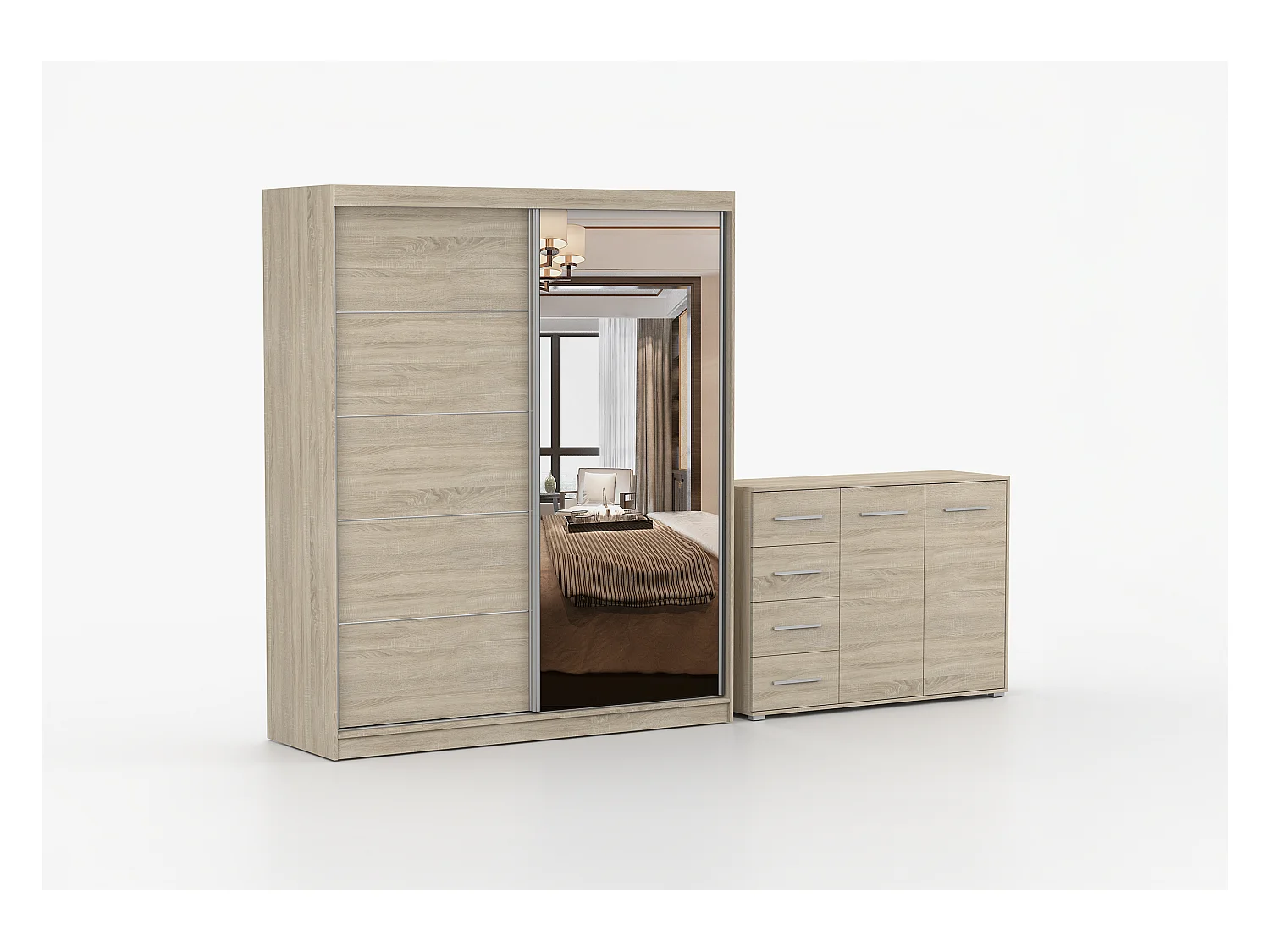 Ensemble armoire Ysalis et commode Ilario avec miroir - Chêne