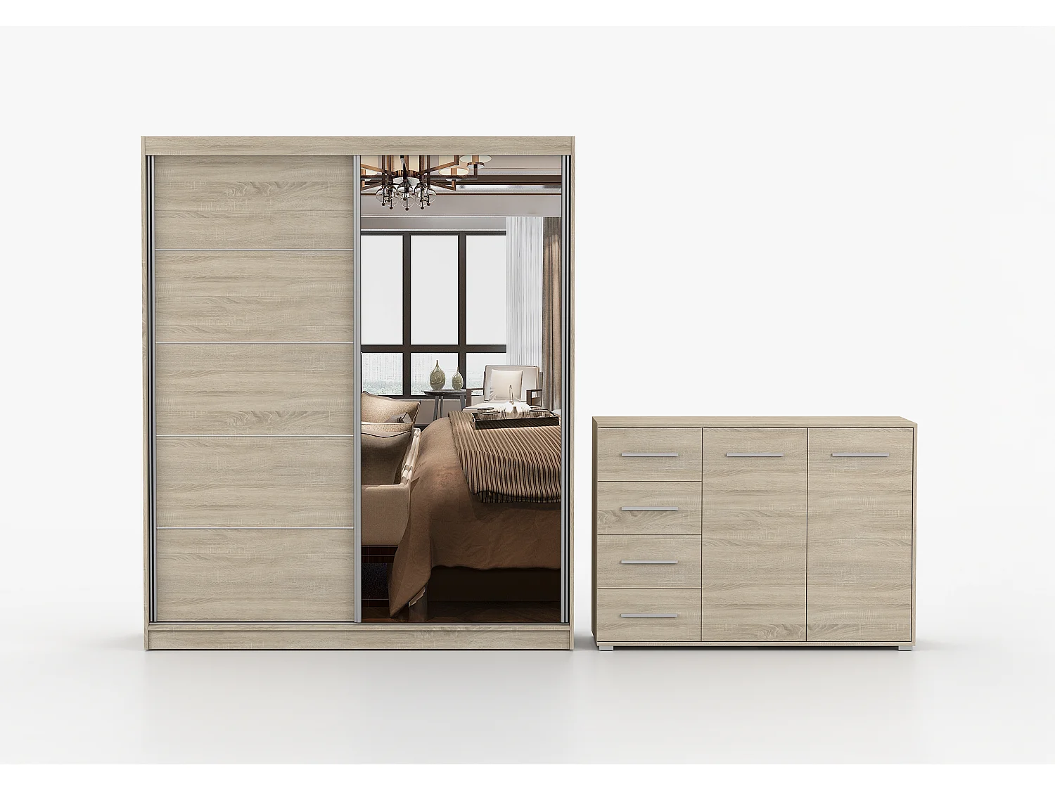 Ensemble armoire Ysalis et commode Ilario avec miroir - Chêne