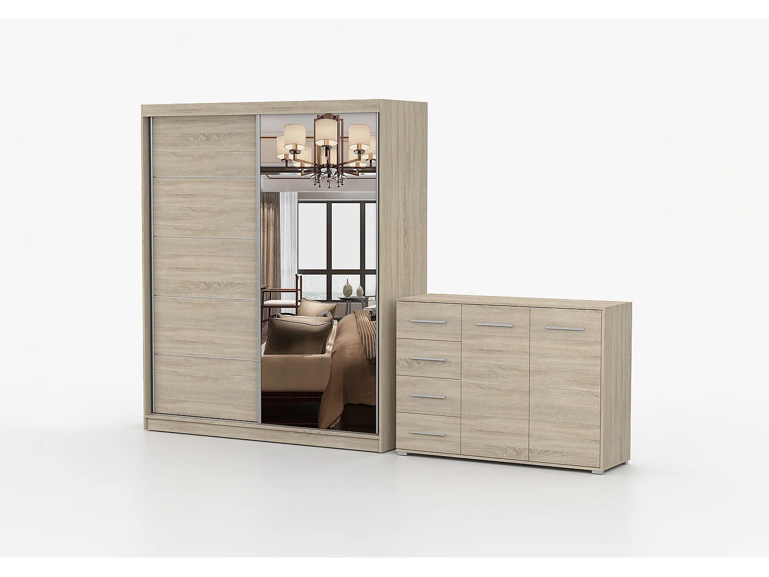 Ensemble armoire Ysalis et commode Ilario avec miroir - Chêne