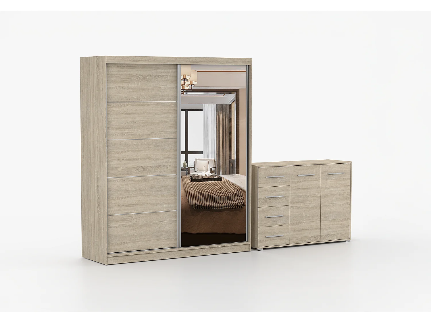 Ensemble armoire Ysalis et commode Ilario avec miroir - Chêne