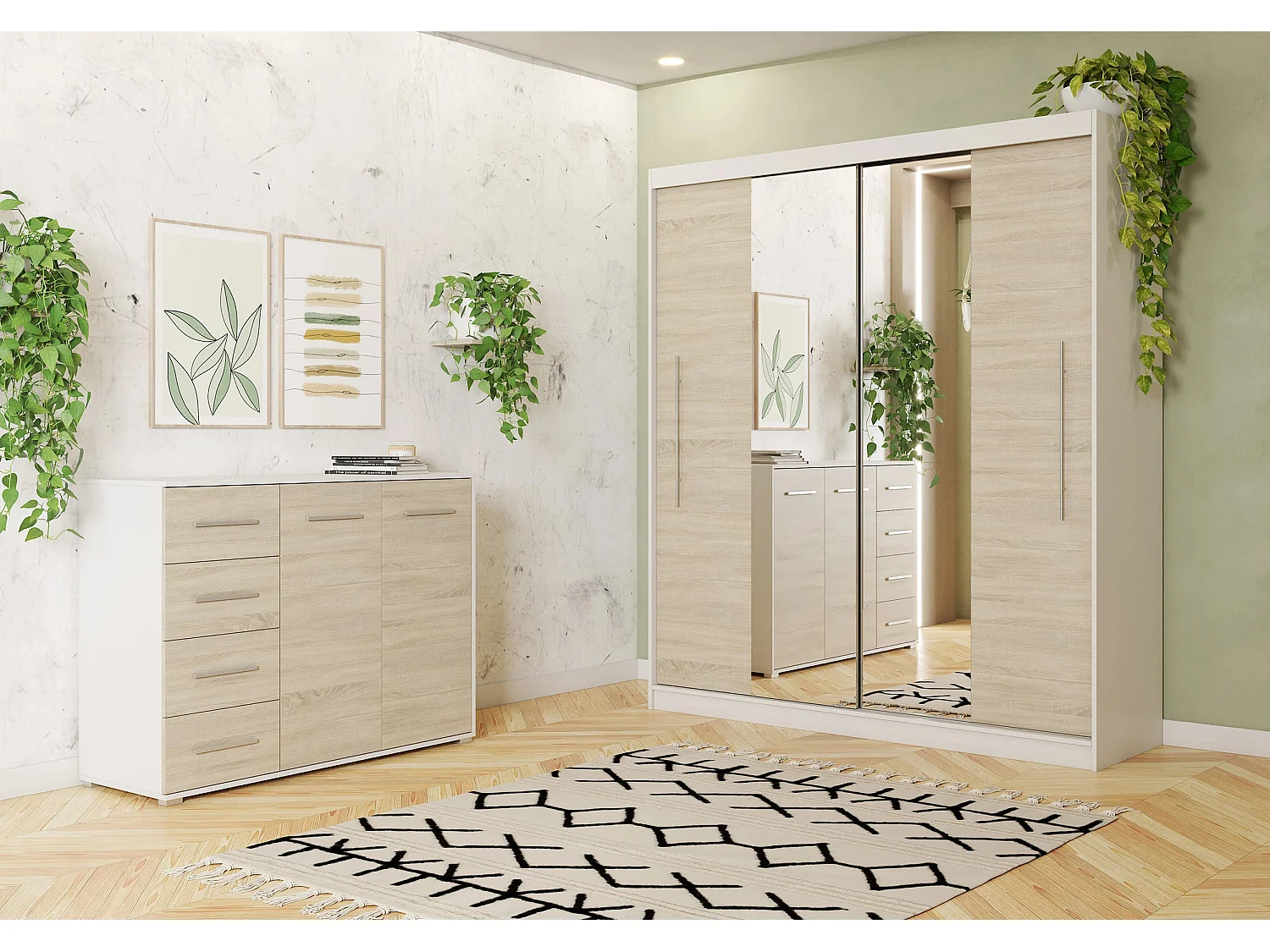 Ensemble armoire Eireen et commode Ilario avec miroir - Blanc - Chêne