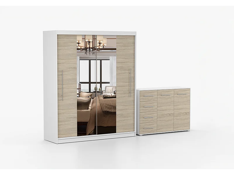 Ensemble armoire Eireen et commode Ilario avec miroir - Blanc - Chêne