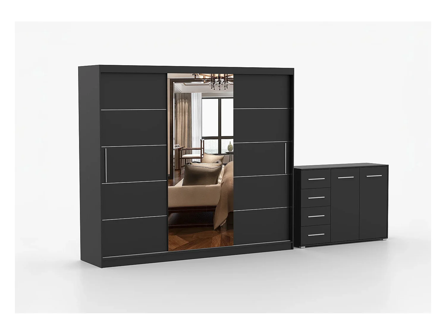 Ensemble armoire Theana et commode Ilario avec miroir - Noir