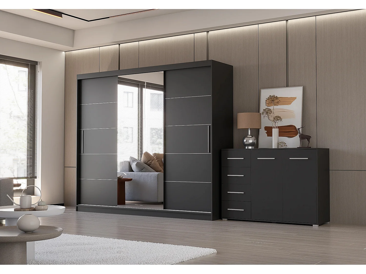 Ensemble armoire Theana et commode Ilario avec miroir - Noir