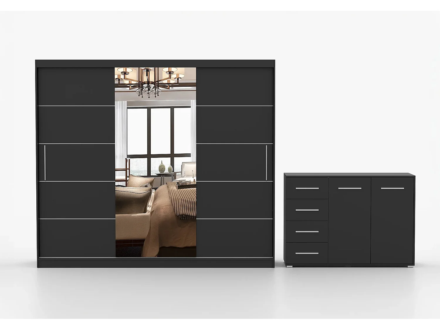 Ensemble armoire Theana et commode Ilario avec miroir - Noir